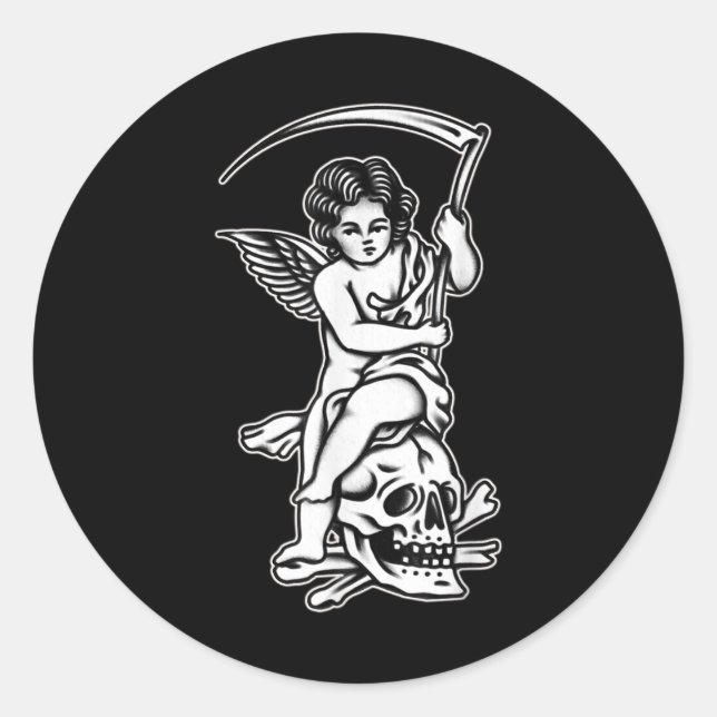 Adesivo Redondo Baby Reappeler Skull Scythe Blackwork Tattoo Flash (Frente)