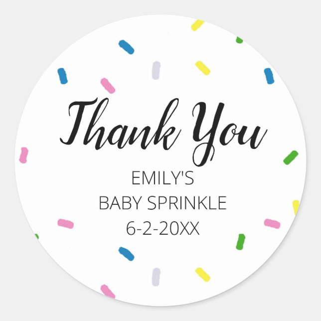 Adesivo Redondo Baby Sprinkle Obrigado Rainbow Party Stickers (Frente)