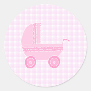 Adesivo Redondo Baby Stroller. Rosa claro em Gingham Rosa.