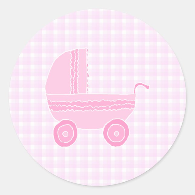 Adesivo Redondo Baby Stroller. Rosa claro em Gingham Rosa. (Frente)