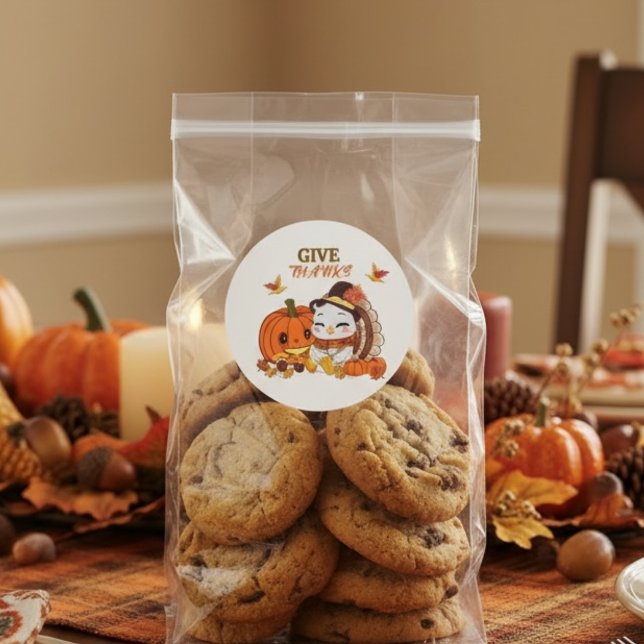 Adesivo Redondo Baby Turkey And Pumpkin Celebrating Thanksgiving  (Criador carregado)