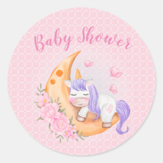 Adesivo Redondo Baby Unicorn Over The Moon with Flowers
