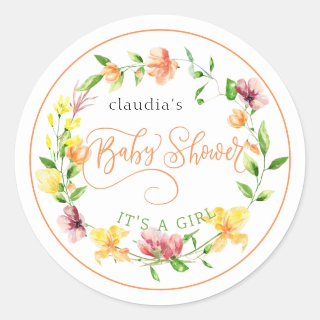 Adesivo Redondo babyshower botânico amarelo-aquarela floral (Frente)