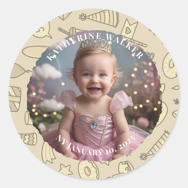 Adesivo Redondo BABYSHOWER pastel beige bunny cute party photo (Frente)