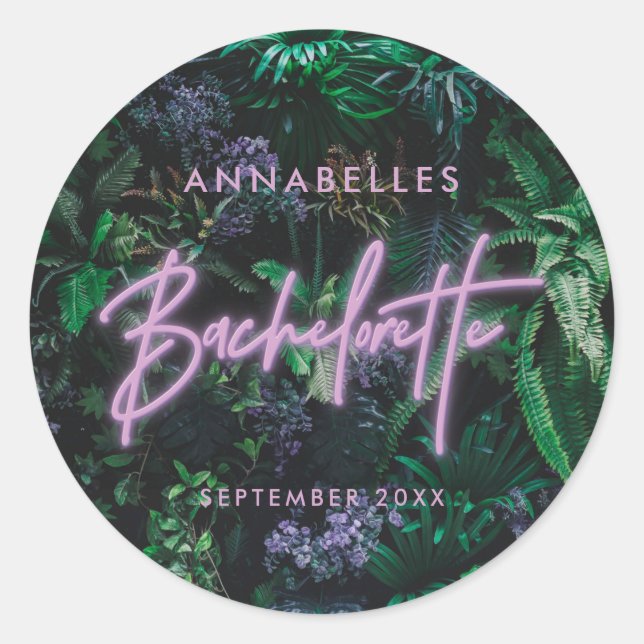 Adesivo Redondo Bachelorette de neon roxa brilhante moderna (Frente)