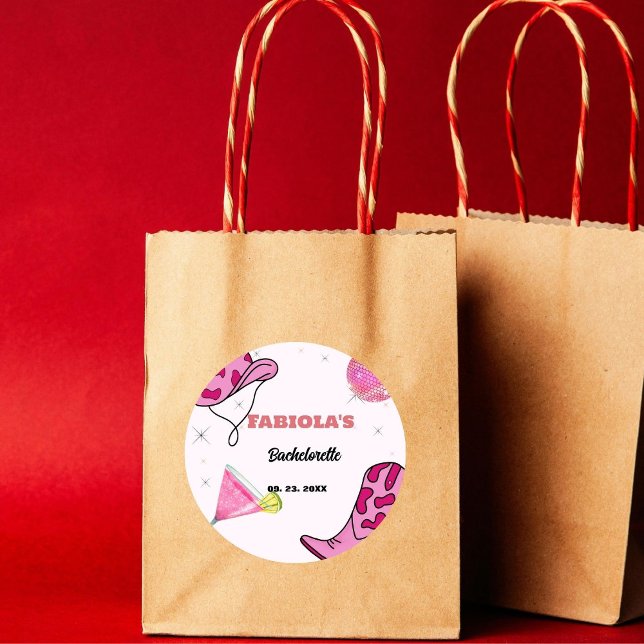 Adesivo Redondo Bachelorette Ocidental de Cowgirl Rosa (Criador carregado)