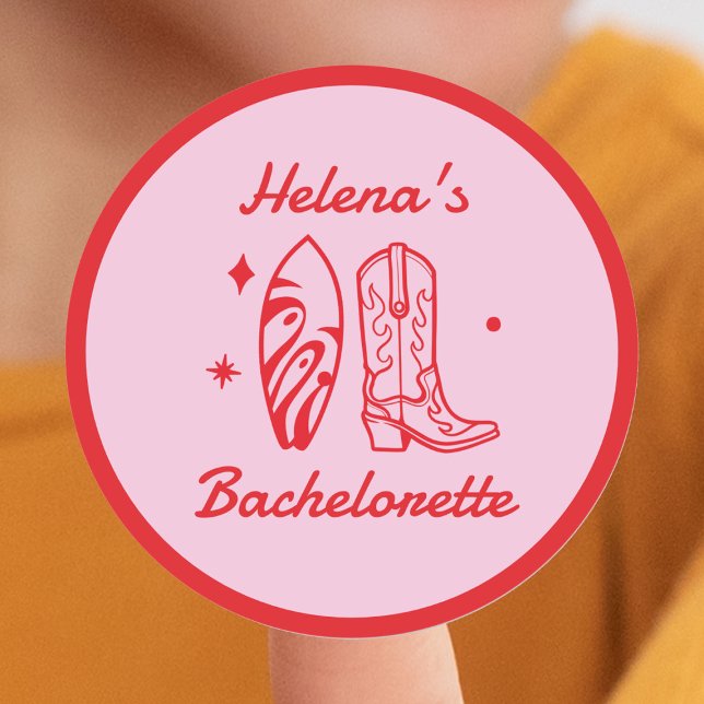 Adesivo Redondo Bachelorette Vermelho e Rosa da Cowgirl Costeira (Coastal Cowgirl Red & Pink Bachelorette Classic Round Sticker
)