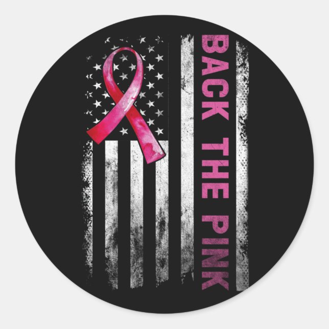 Adesivo Redondo Back The Pink Ribbon American Flag Breast Cancer (Frente)