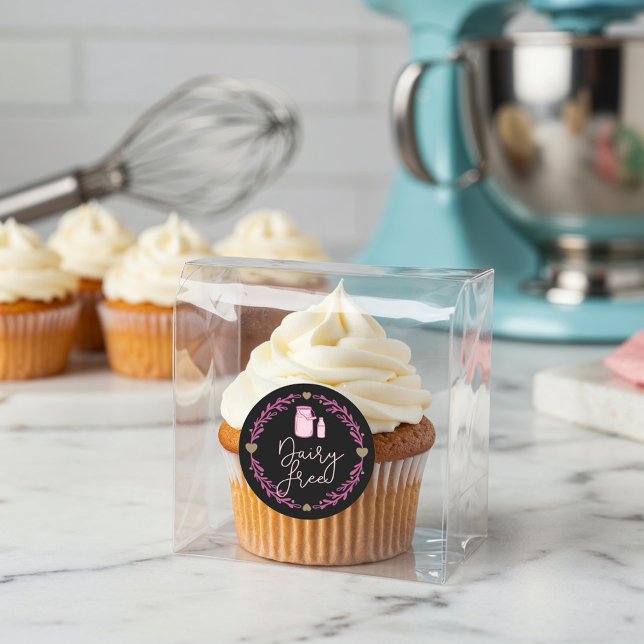 Adesivo Redondo Bagagem Leite sem Leite Jug & Wreath Pink & Black (Bakery Dairy Free Milk Jug & Wreath Pink & Black Classic Round Sticker)