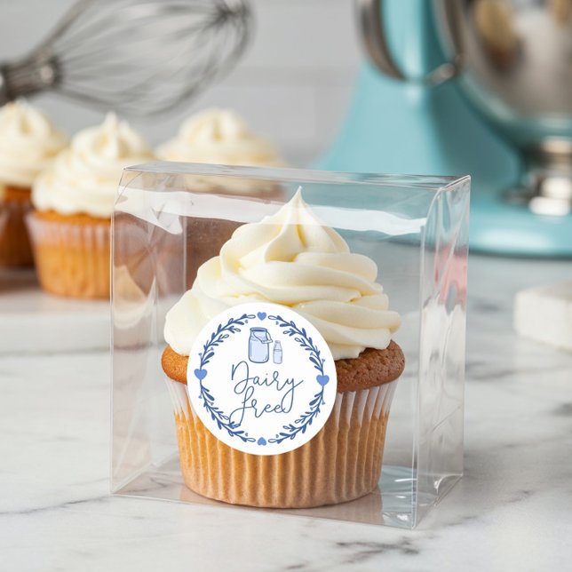 Adesivo Redondo Bagaria Leite sem Leite Jug & Wreath Azul & Branco (Bakery Dairy Free Milk Jug & Wreath Blue & White Classic Round Sticker)