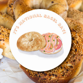 Adesivo Redondo Bagels de Aquarela Salmão Fumado Dia Nacional do B
