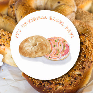 Adesivo Redondo Bagels de Aquarela Salmão Fumado Dia Nacional do B