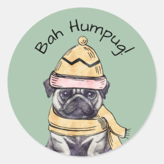 Adesivo Redondo Bah Humpug Fofa Natal Pug Ilustrado Inverno 