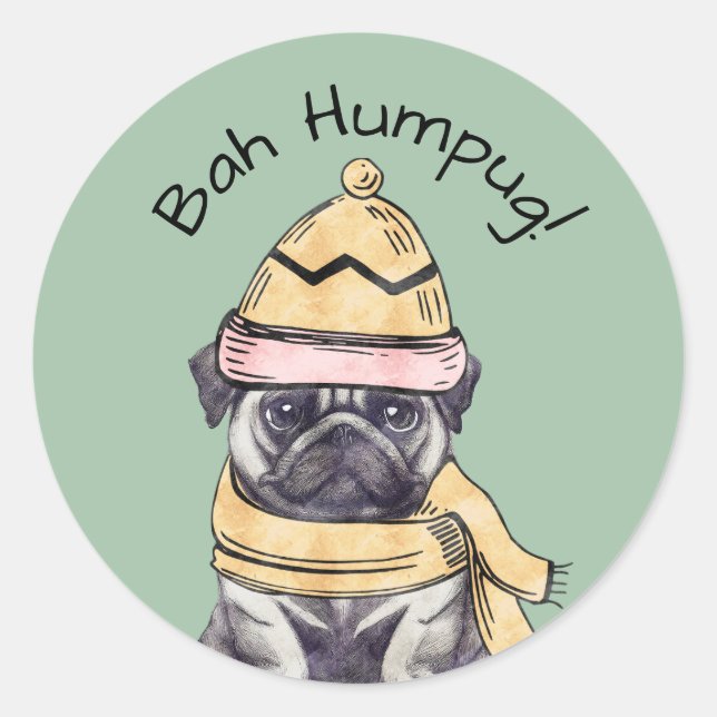 Adesivo Redondo Bah Humpug Fofa Natal Pug Ilustrado Inverno  (Frente)