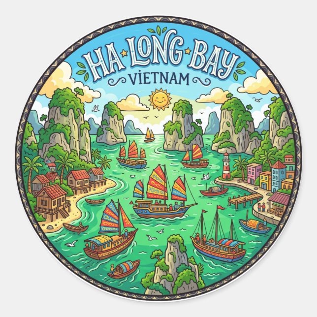 Adesivo Redondo Baía de Ha Long Vietnã (Frente)