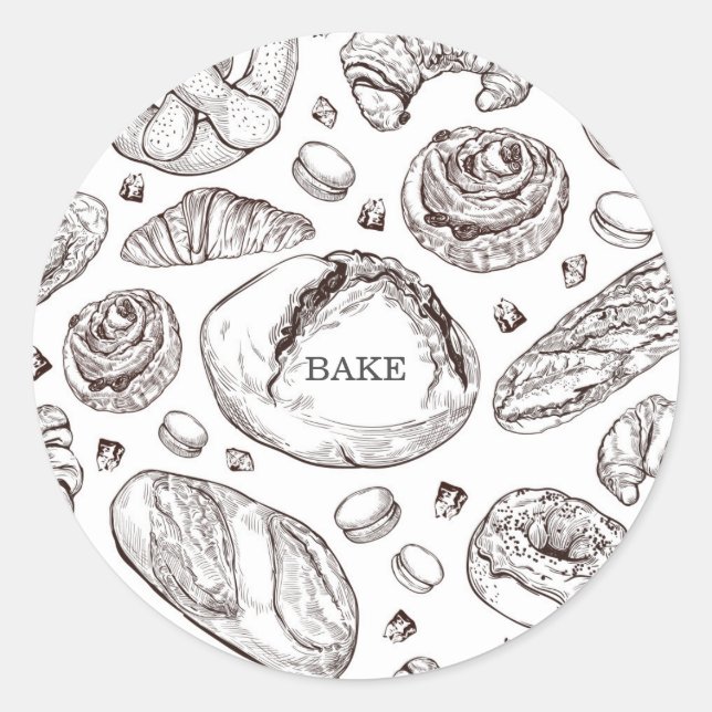Adesivo Redondo Bake Hand Drawn Pastries Food Label (Frente)