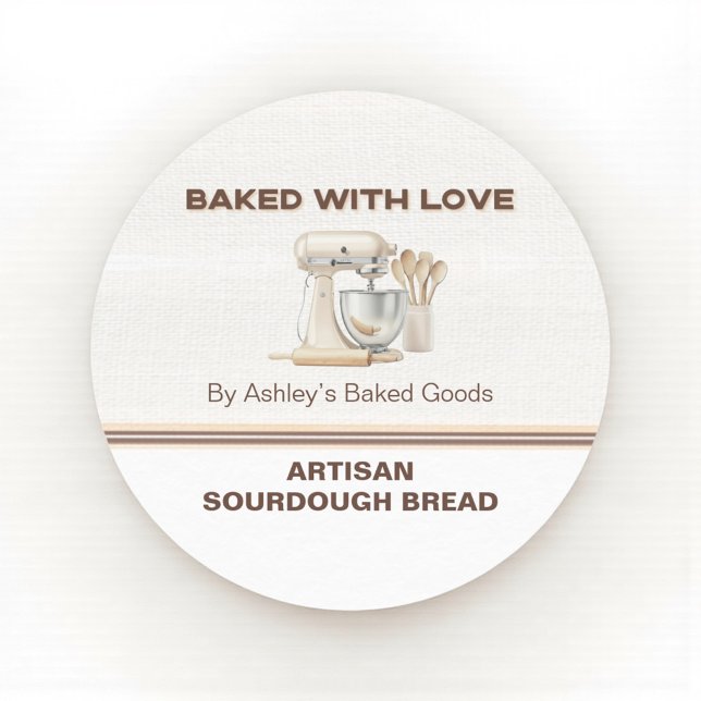 Adesivo Redondo Baked With Love Artisan Bread Bakery Sticker (Personalized bakery label for sourdough and homemade baked goods)