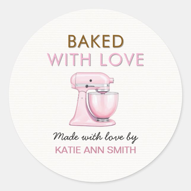 Adesivo Redondo Baked with Love Stickers Labels with Pink Mixer (Frente)