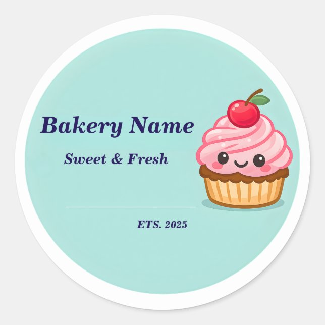 Adesivo Redondo Bakery Logo Sticker - Custom Cute Cupcake Design (Frente)