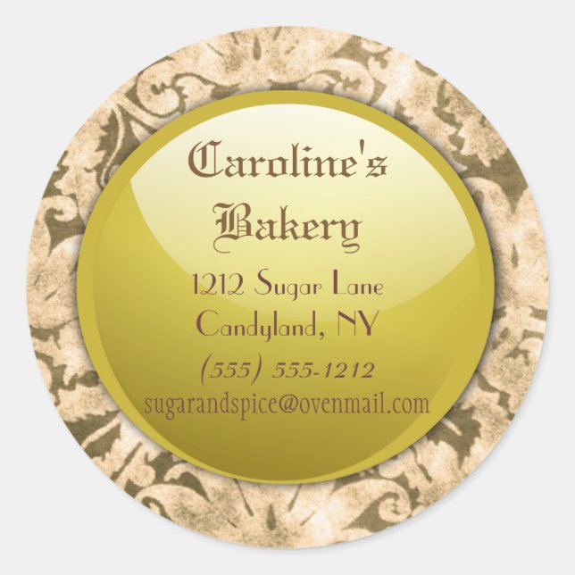 Adesivo Redondo Baking and Bakery Boutique, Dourado Damask (Frente)