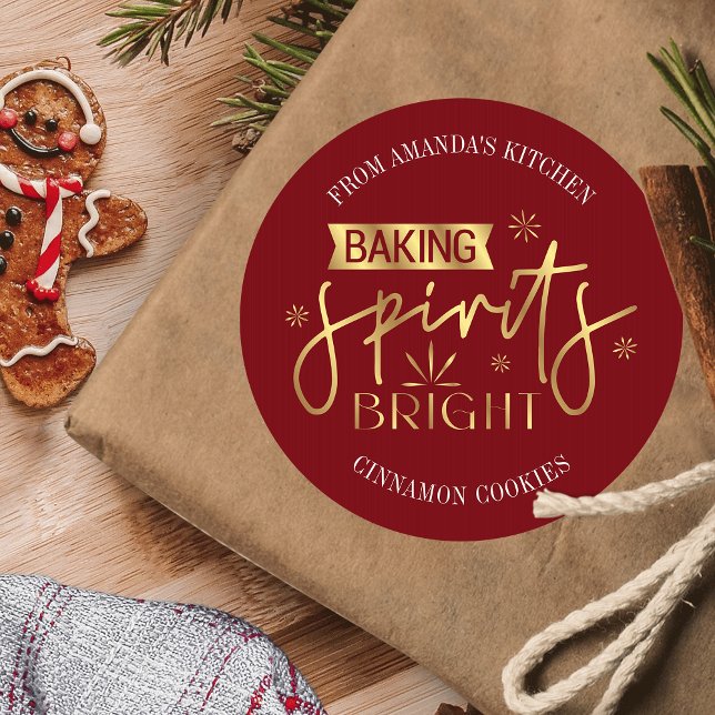 Adesivo Redondo Baking Espíritos Brilhantes Vermelho e Dourado Ban (Red & Gold Christmas baking stickers that are sure to impress)