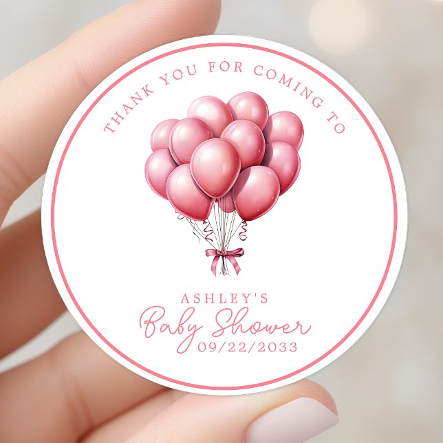 Adesivo Redondo Balão Cor-de-Rosa Menina Aquarela Chá de Bebê Obri (Criador carregado)