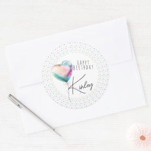 Adesivo Redondo Balão Coração Minimalista Pastel Feliz Aniversário