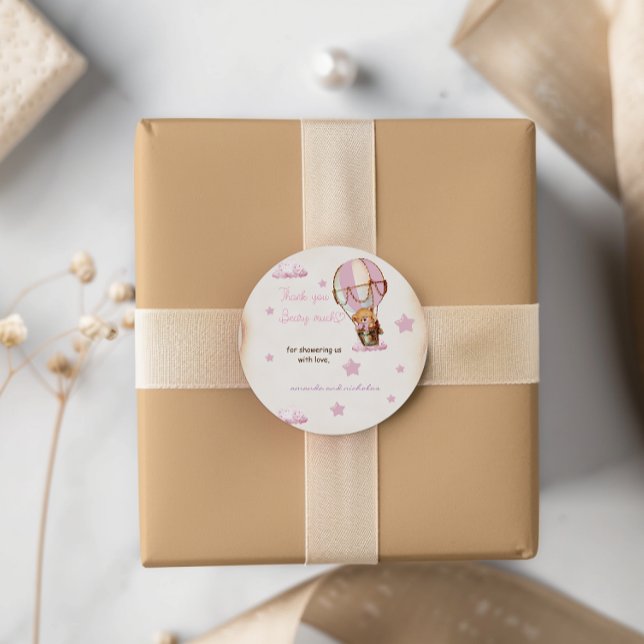 Adesivo Redondo Balão de Ar Quente de Urso Rosa Muito Obrigado (Criador carregado)