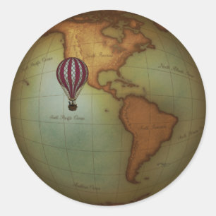 Adesivo Redondo Balão de Ar Quente sobre Mapa do Hemisfério Oest