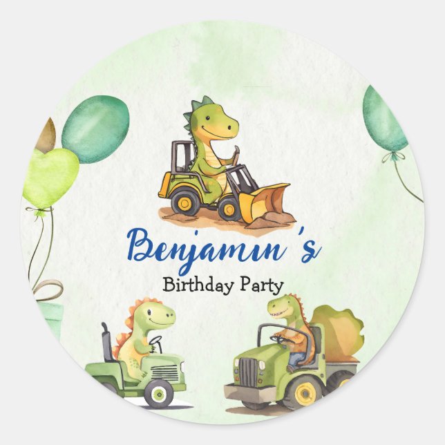 Adesivo Redondo Balão de caminhões de construção de dinossauro bon (Frente)