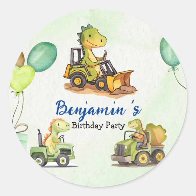 Adesivo Redondo Balão de caminhões de construção de dinossauro bon (Frente)