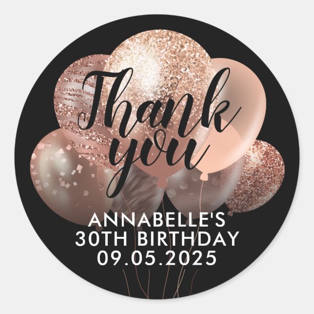 Adesivo Redondo Balão de Glitter Dourado Rosa negro obrigado Anive (Frente)