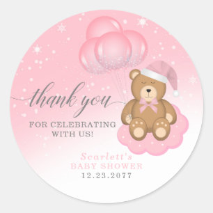 Adesivo Redondo Balão do Urso Sonolento Rosa Obrigado Chá de frald