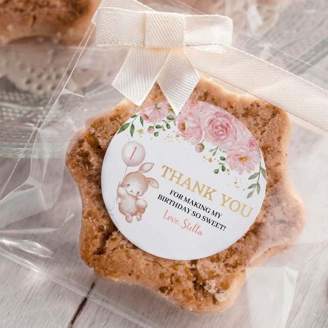 Adesivo Redondo Balão Floral Coelhinho Rosa Aniversário Obrigado E (Criador carregado)