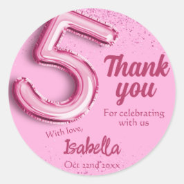 Adesivo Redondo Balão giro, cor-de-rosa, n.º 5, aniversário de 5 c