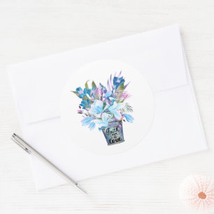 Adesivo Redondo Balde de Flor Inspirador Azul Fé Esperança Amor