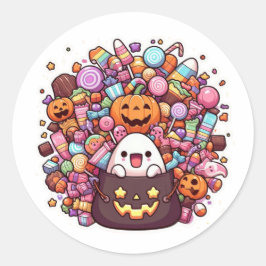 Adesivo Redondo Balde doce de Halloween Sticker Kawaii Ghost