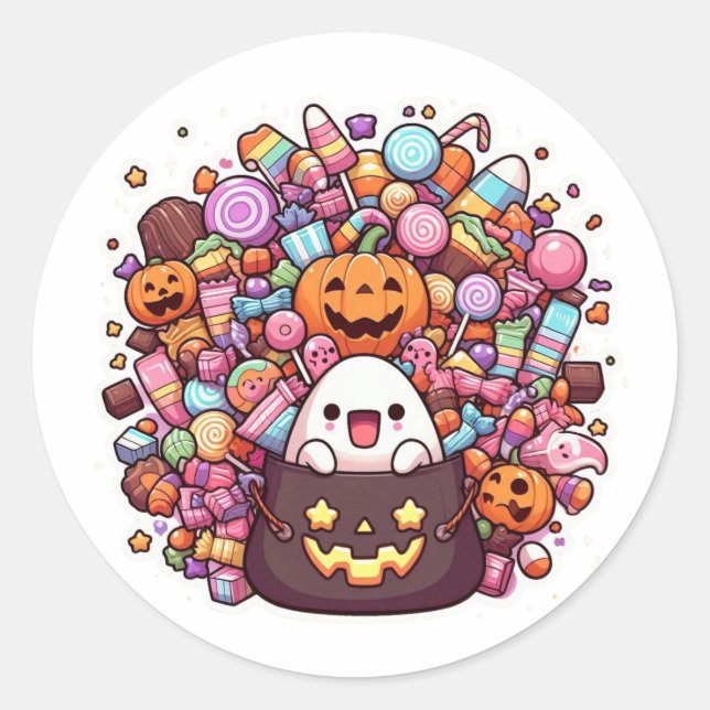 Adesivo Redondo Balde doce de Halloween Sticker Kawaii Ghost (Frente)