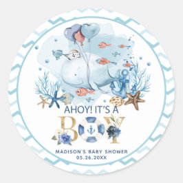Adesivo Redondo Baleia Ahoy É um Menino Chá de Bebê Agradecimento 