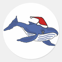 Adesivo Redondo Baleia Azul Engraçada em Papai Noel que Arte de Na