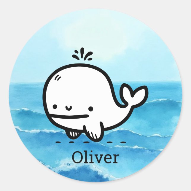Adesivo Redondo Baleia-Bebê Adorável - Arte da Criatura do Mar de  (Frente)