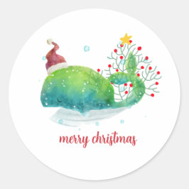 Adesivo Redondo Baleia branca com árvore de Natal Santa Hat