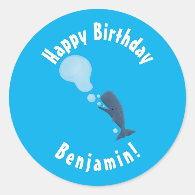 Adesivo Redondo Baleia de esperma branca soprando cartoons (Frente)