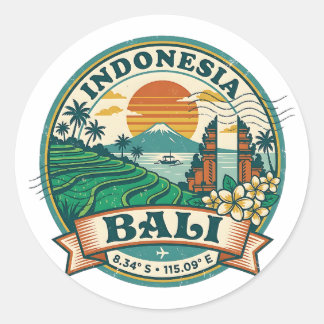 Adesivo Redondo Bali Retro 70s Vintage Travel Stamp Indonesia