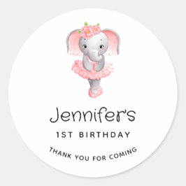 Adesivo Redondo Ballerina, Elefante Rosa E Cinza, Aniversário Obri