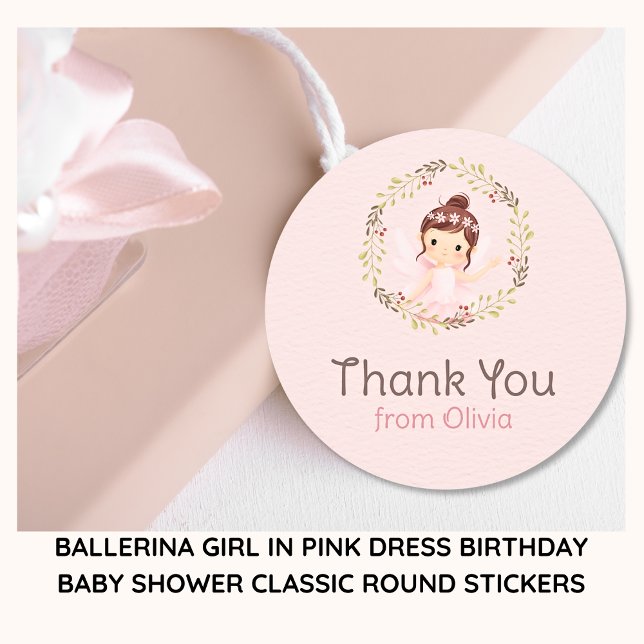 Adesivo Redondo Ballerina Girl no Chá de fraldas de aniversário do (Ballerina Pink Wreath Thank You Stickers)