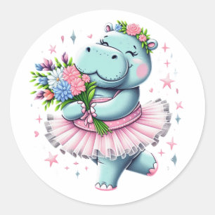 Adesivo Redondo Ballerina Hippo Sticker - Design de Tutu Floral
