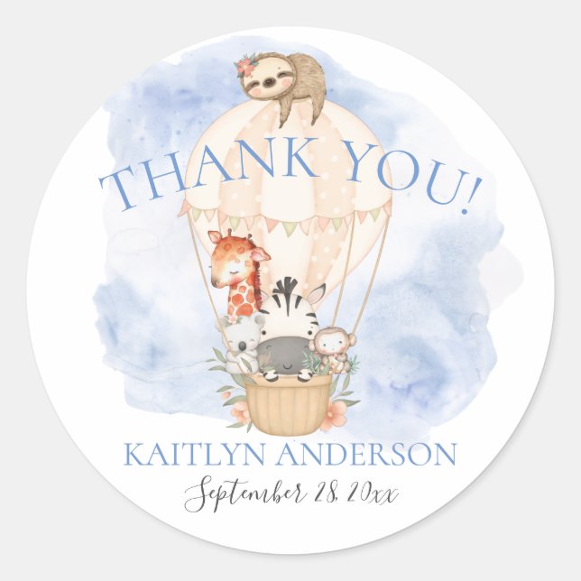 Adesivo Redondo Balloon Giraffe Zebra Obrigado Chá de fraldas (Frente)