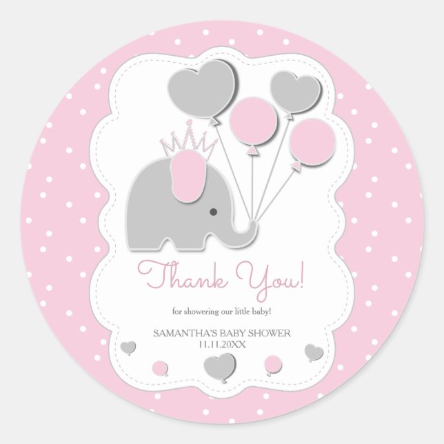Adesivo Redondo Balloon Pink Elephant Baby Shower Girl (Frente)