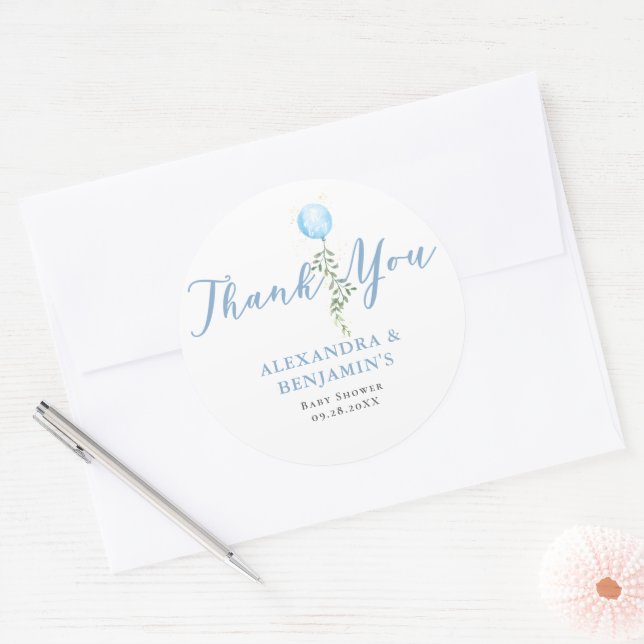 Adesivo Redondo Balloon Soft Greenery Dusty Blue Boy Baby Shower (Envelope)
